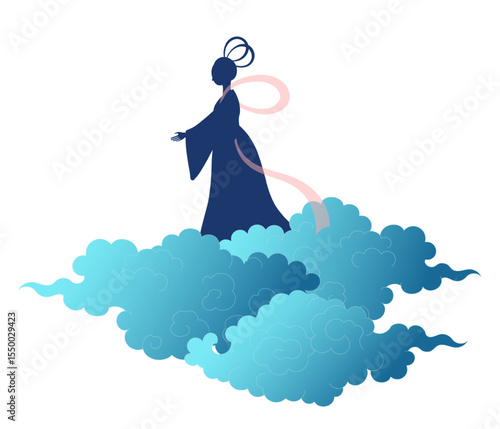 Qixi Festival, Tanabata weaver girl Orihime on fluffy clouds silhouette illustration, isolated vector. Hand drawn flat design. Traditional Chinese, Japanese holiday element. China Valentines Day