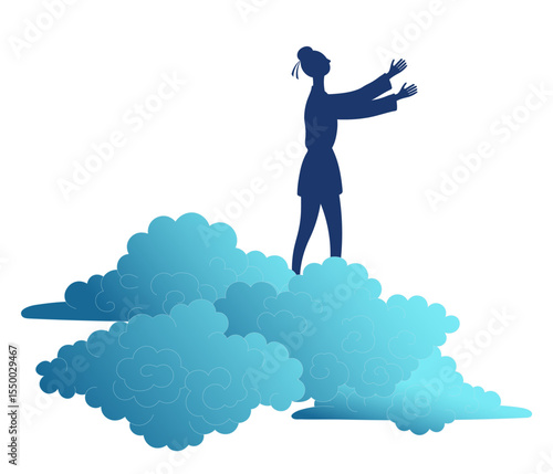Qixi Festival, Tanabata cowherd, Hikoboshi on fluffy clouds silhouette illustration, isolated vector. Hand drawn flat design. Traditional Chinese, Japanese holiday element. China Valentines Day