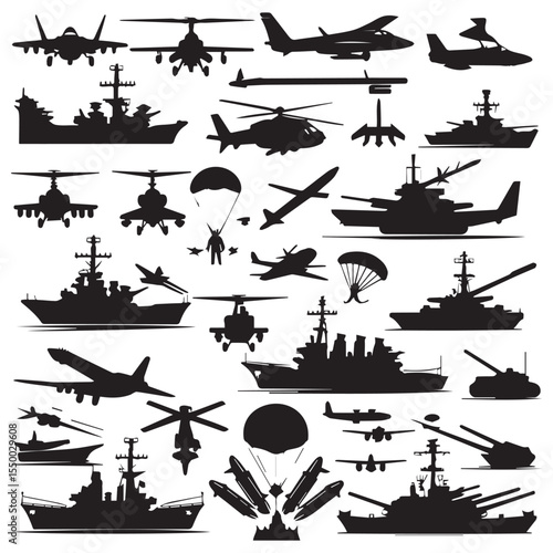 Collection of silhouettes featuring military aircraft helicopters ships and paratroopers