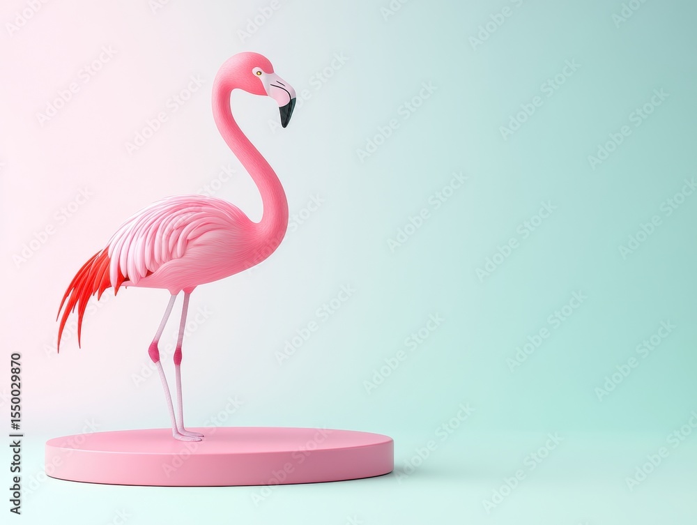 Fototapeta premium Pink flamingo on pastel podium