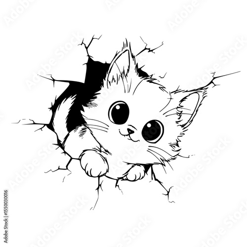 a black and white drawing of a little kitten peeking out of a hole in the wall black, cat, drawing, eye, hole, kitten, little, small, wall , Generative art.