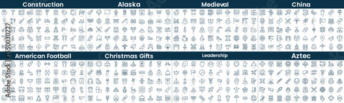 Linear Style Icons Pack. In this bundle include construction, alaska, medieval, china, american football, christmas gifts, leadership, aztec