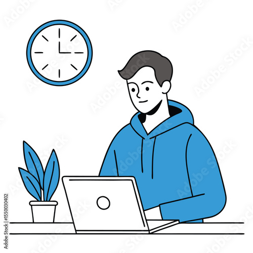 Young Asian man works on his laptop with clock and plant