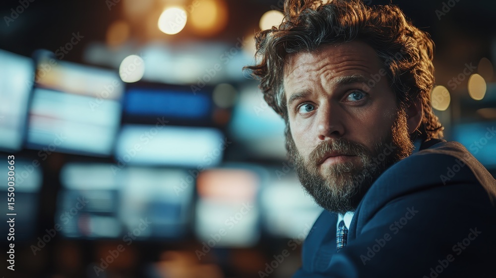Fototapeta premium A thoughtful man with a beard gazes into the distance, embodying a sense of contemplation amidst a backdrop of illuminated screens and a busy workspace atmosphere.
