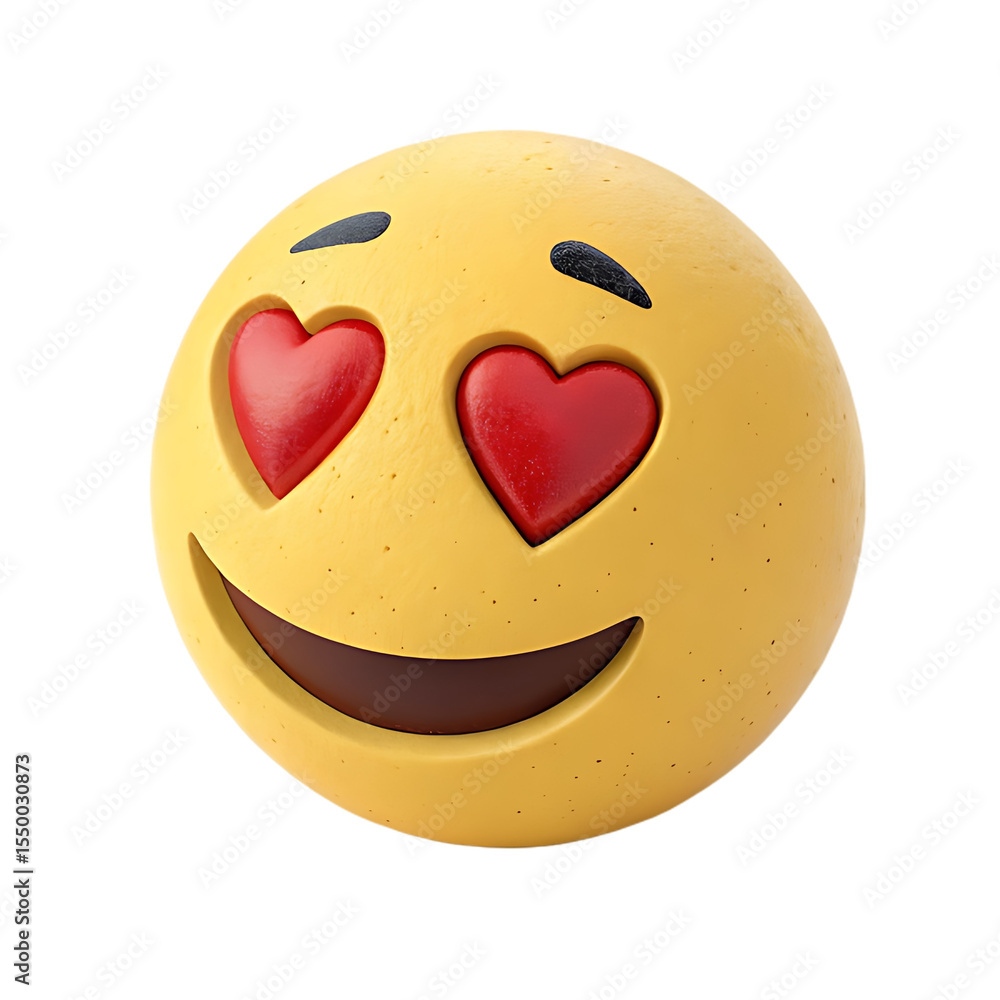 Fototapeta premium A 3d rendered yellow emoji face with red heart eyes and a wide smile isolated on transparent background