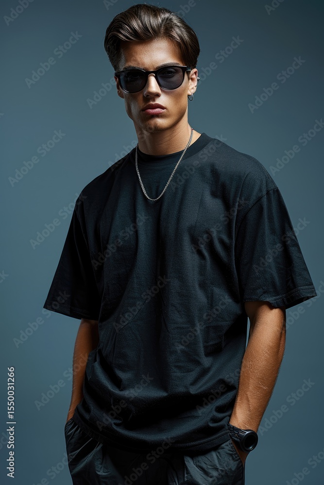 Naklejka premium Stylish man in a black t-shirt and sunglasses.