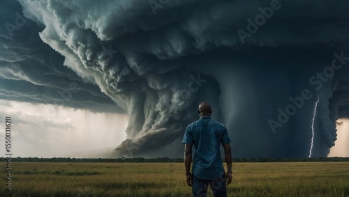 An African man stands resolute against the backdrop of a swirling tornado, embodying strength and resilience amidst natures fury