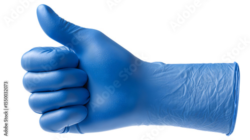 Thumb up in a blue glove isolated on a white background