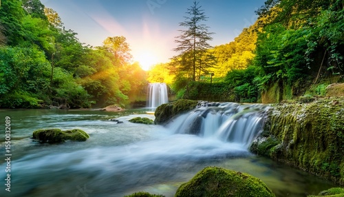 tranquil waterfall cascading into a pristine river at sunrise in a lush green forest © Emily