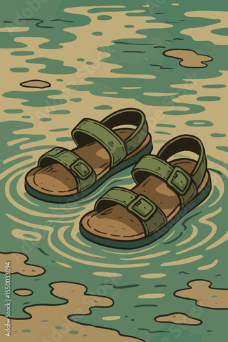 Abandoned sandals floating in shallow water. Concept of lost summer vacation memories, nostalgia. Empty shoes in a pool or lake. Vector cartoon illustration in retro style.