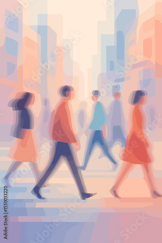Abstract illustration of a crowd of people walking on a city street. Vector concept of urban life, commuting and anonymity with a blurred motion effect and pastel color palette.