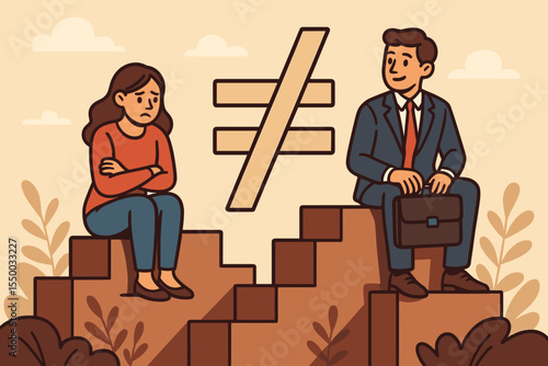 Gender inequality and social disparity concept. Man and woman on unequal career ladder steps. Metaphor for sexism, discrimination, pay gap, and glass ceiling in business.