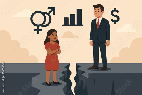 Gender inequality concept illustrating the pay gap and social disparity. Businessman and woman separated by a chasm, a metaphor for career discrimination, sexism, and feminism.