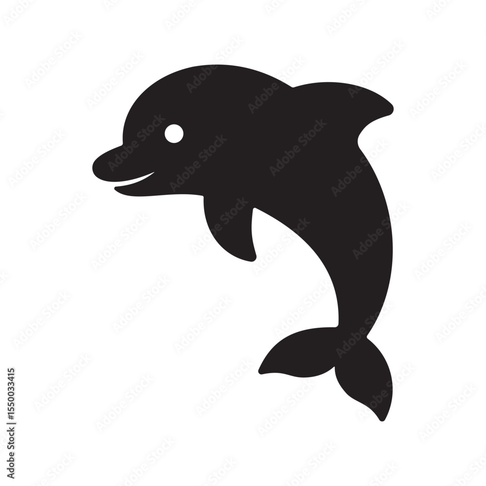 Obraz premium Cute black dolphin silhouette with a smiling face and visible eye. Perfect for kid friendly ocean themes, aquatic icons, marine wildlife, or playful sea illustrations.