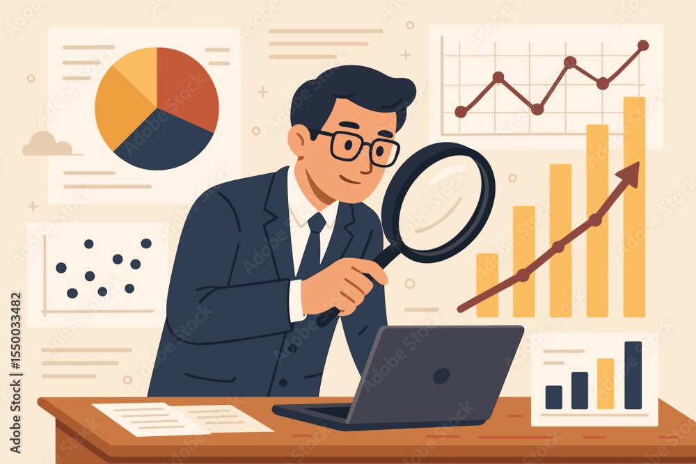 Fototapeta premium Business analyst examining financial data with magnifying glass. Concept of big data analysis, business analytics, market research, financial audit, and investment strategy. Cartoon vector.