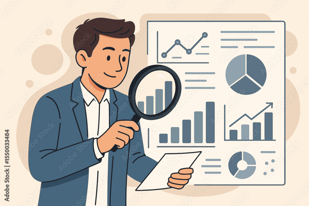 Businessman analyst examining data with magnifying glass. Concept of big data analysis, business analytics, and market research. Man reviewing financial report with charts and graphs. Businessman analyst examining data with magnifying glass. Concept of big data analysis, business analytics, and market research. Man reviewing financial report with charts and graphs.