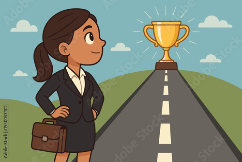 Career path to success concept. Ambitious businesswoman looking at a golden trophy goal. Metaphor for achievement, leadership, motivation, and vision. Female empowerment. Vector.
