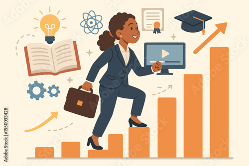 Career development and professional growth concept. Businesswoman climbs the ladder of success. Upskilling, gaining new knowledge, online training, education for new job qualifications.
