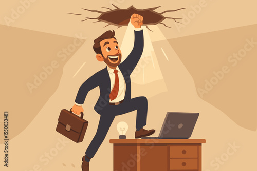 Ambitious businessman punching a hole in the ceiling. Metaphor for breaking barriers and escaping limitations. Concept for success, breakthrough, innovation, opportunity, and freedom.