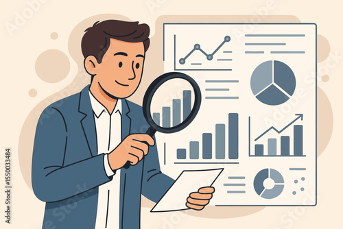 Businessman analyst examining data with magnifying glass. Concept of big data analysis, business analytics, and market research. Man reviewing financial report with charts and graphs.