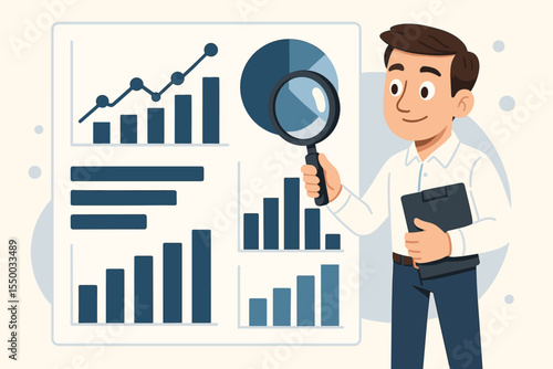 Businessman analyst with magnifying glass examining financial charts. Concept of big data analysis, business intelligence, market research, and financial statistics. Vector cartoon.