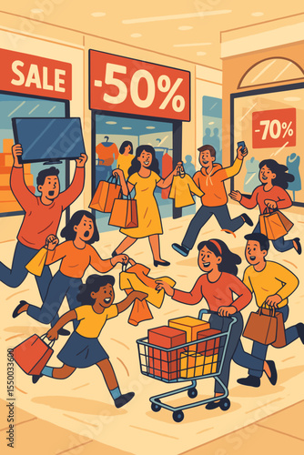 Excited Shoppers Rushing Through Mall for Big Sale Event, Discount Shopping Frenzy with Families and Friends, Retail Store Bargains, Black Friday Vector Illustration, Cartoon Shopping Scene