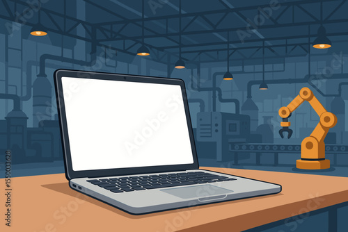 Modern laptop with blank white screen on table in automated factory interior. Robotic arm industrial automation concept. Smart manufacturing, digital technology background. Vector illustration.