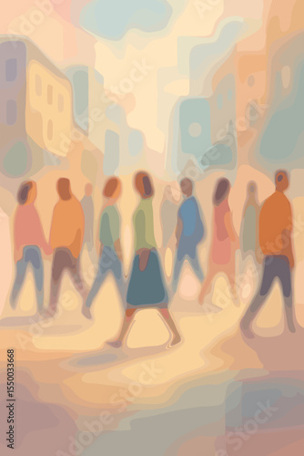 Abstract pastel urban city street scene with blurred walking people, diverse crowd, motion, soft colors, modern lifestyle, community, daily routine, anonymity, metropolitan environment
