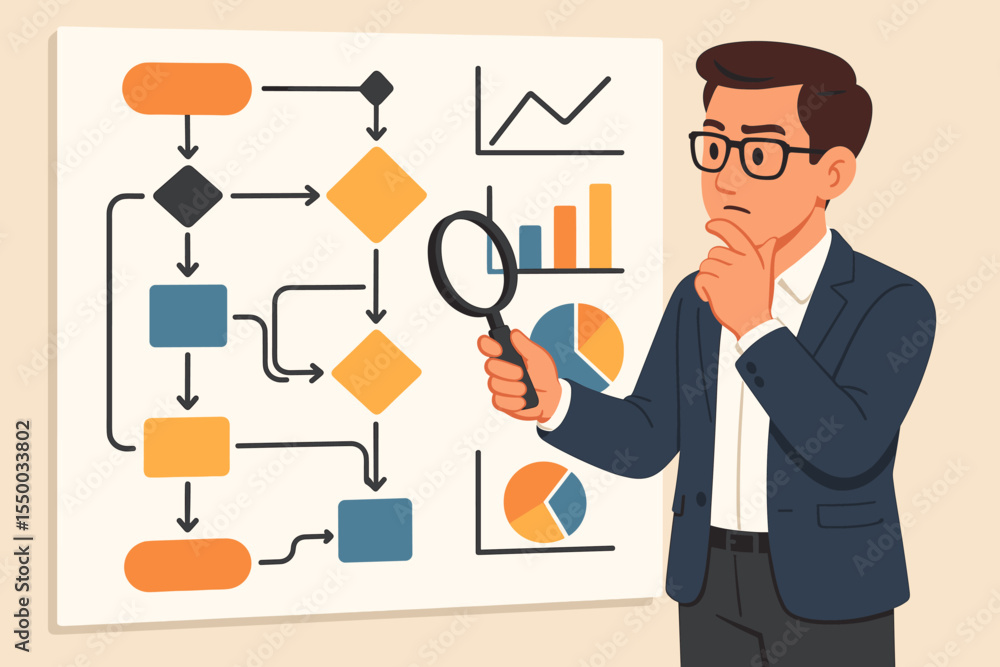 Business analyst reviewing complex process flowchart and financial graphs. Data analysis, workflow optimization, decision making, management strategy, project planning. Vector illustration Business analyst reviewing complex process flowchart and financial graphs. Data analysis, workflow optimization, decision making, management strategy, project planning. Vector illustration