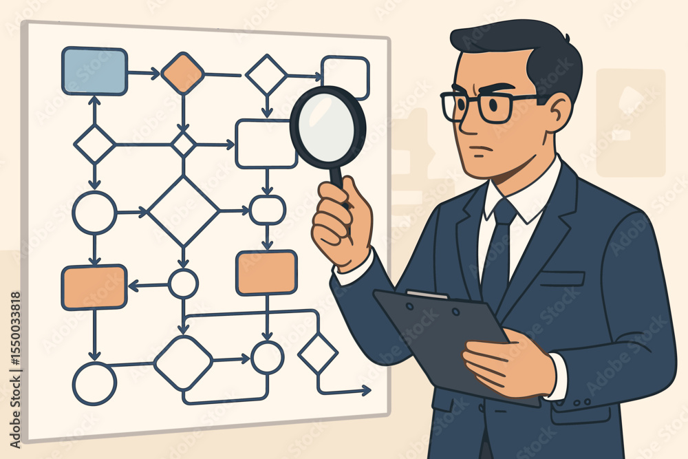Business analyst examining complex process flowchart, data analysis and workflow optimization, professional audit, decision making, project management strategy, vector illustration Business analyst examining complex process flowchart, data analysis and workflow optimization, professional audit, decision making, project management strategy, vector illustration