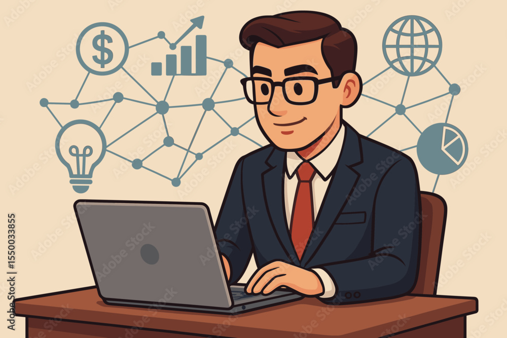 Business executive working on laptop developing investment strategy, network connection, innovation, finance icons, global business, vector cartoon concept, data analysis, technology illustration Business executive working on laptop developing investment strategy, network connection, innovation, finance icons, global business, vector cartoon concept, data analysis, technology illustration