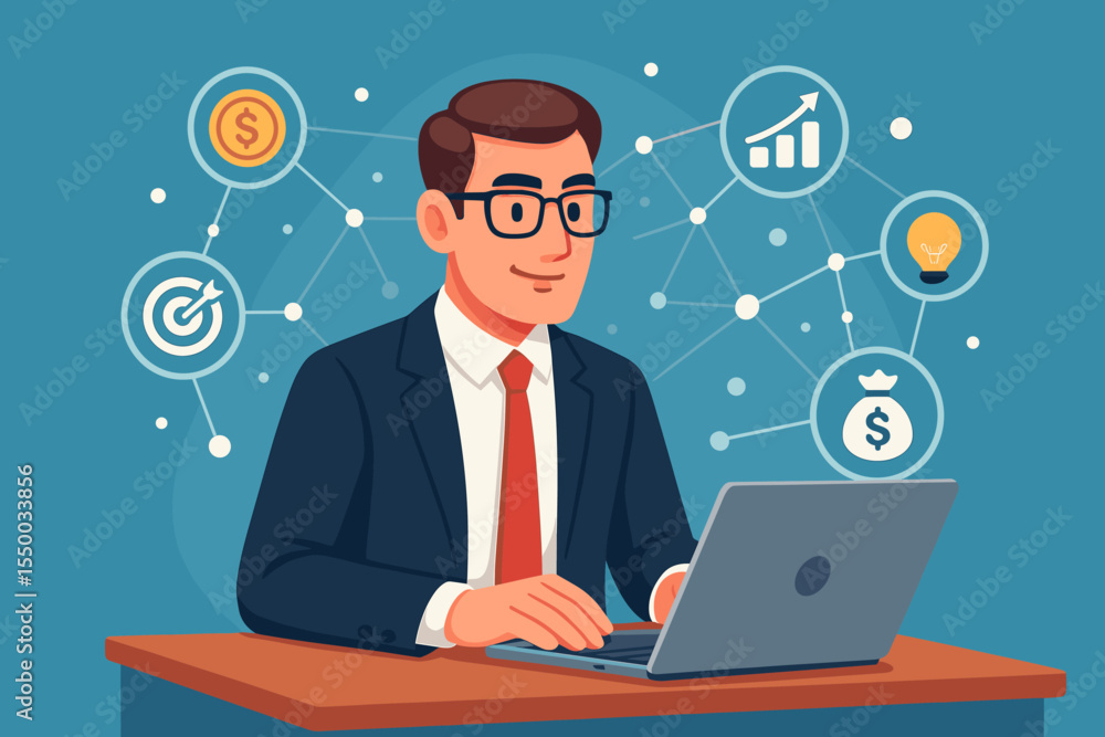 Business executive using laptop for investment strategy planning, financial growth, goal setting, network analysis, data visualization, innovation, and digital finance concept illustration Business executive using laptop for investment strategy planning, financial growth, goal setting, network analysis, data visualization, innovation, and digital finance concept illustration
