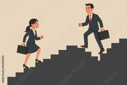 Gender inequality in business, businessman and businesswoman climbing different career stairs, unequal opportunity, workplace diversity, corporate ladder, glass ceiling, vector illustration concept