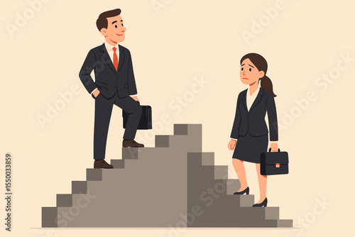 Gender inequality in business vector illustration. Businessman and businesswoman on unequal career ladders. Corporate sexism, glass ceiling, wage gap, promotion bias, workplace discrimination concept