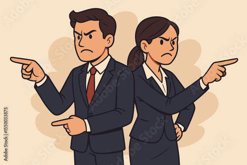 Business partners in disagreement. Angry man and woman pointing in opposite directions. Concept for corporate conflict of interest, partnership dispute, confrontation, and opposing views.