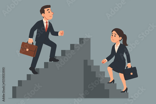 Gender inequality in business, career advancement gap, businessman and businesswoman climbing different staircases, unequal opportunity, corporate ladder, workplace discrimination vector illustration