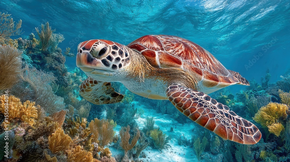 Fototapeta premium A green sea turtle glides peacefully through a vibrant underwater world filled with various coral species and marine life. Sunlight filters through the water, illuminating the scene.