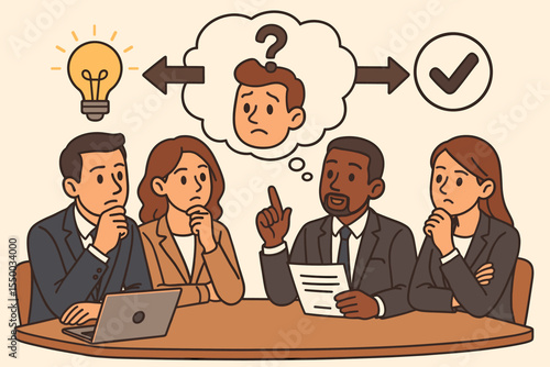 Business team decision making process. Group evaluating options, brainstorming ideas, analyzing alternatives, selecting best solution. Teamwork, collaboration, corporate meeting, vector illustration