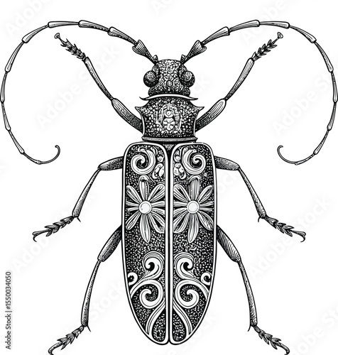 Intricate Floral Beetle Illustration – Decorative Insect Line Art for Coloring or Design
