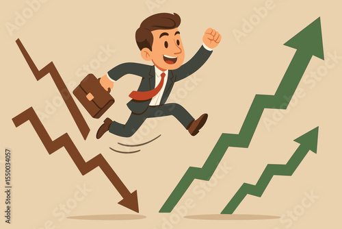 Ambitious businessman leaping over falling stock market crash to rising growth, adapting to change, success, recovery, business opportunity, cartoon vector illustration, overcoming financial crisis