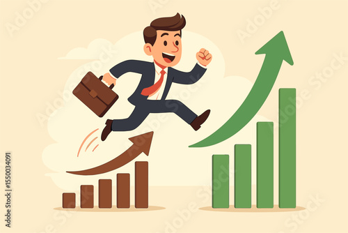 Ambitious Businessman Jumping Over Bar Graphs to Success, Achieving Growth, Career Advancement, Opportunity, Leadership, Motivation, Cartoon Vector Illustration