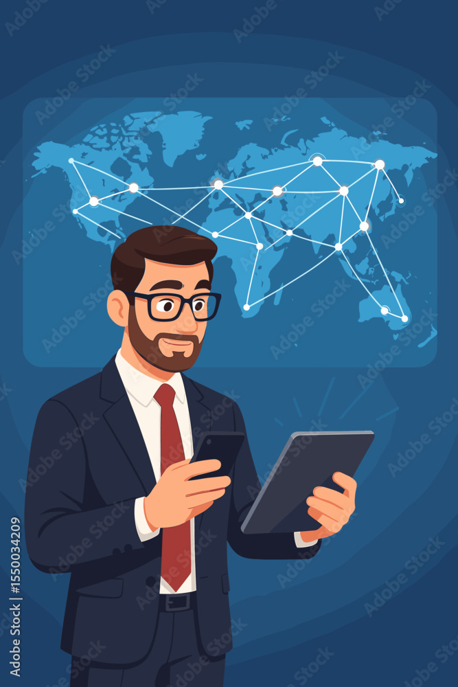 Businessman with tablet analyzes global network on virtual screen. Concept of worldwide communication, internet technology, data analysis and international business strategy. Vector. Businessman with tablet analyzes global network on virtual screen. Concept of worldwide communication, internet technology, data analysis and international business strategy. Vector.