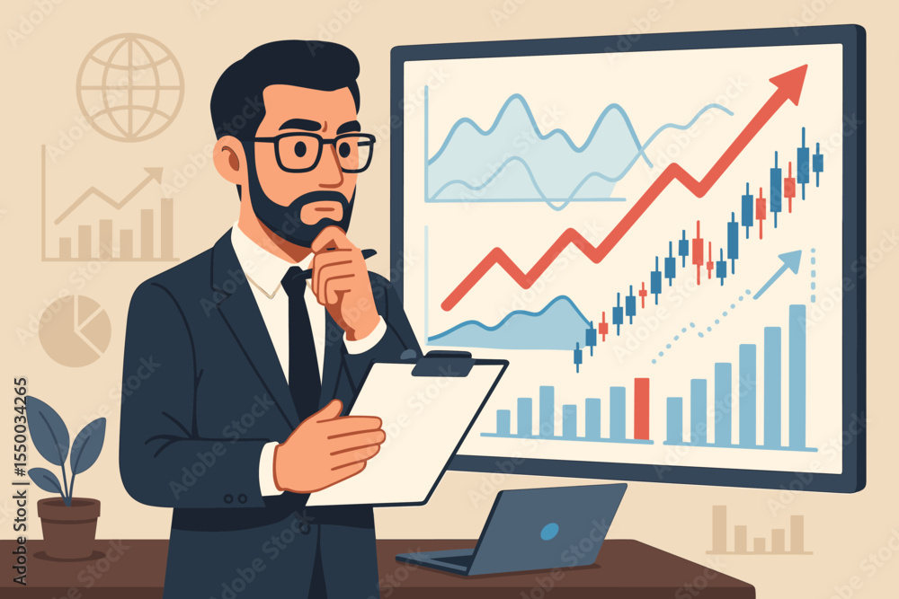 Businessman analyzing stock market trends, financial growth charts, investment data, making economic forecasts, trading strategies, decision-making, business analytics, office vector illustration Businessman analyzing stock market trends, financial growth charts, investment data, making economic forecasts, trading strategies, decision-making, business analytics, office vector illustration