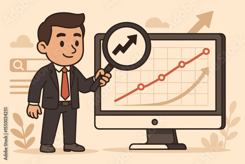Cartoon businessman analyzing SEO rankings with magnifying glass, digital marketing, search engine optimization, website ranking growth, global web traffic increase, analytics concept illustration