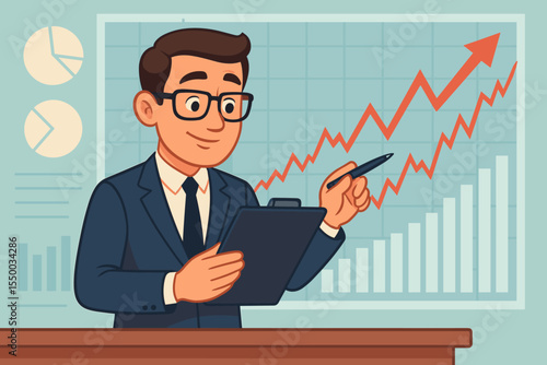 Businessman presenting financial analysis, reviewing stock market trends, economic forecast, investment opportunities. Vector illustration of business growth, rising chart, data analysis concept
