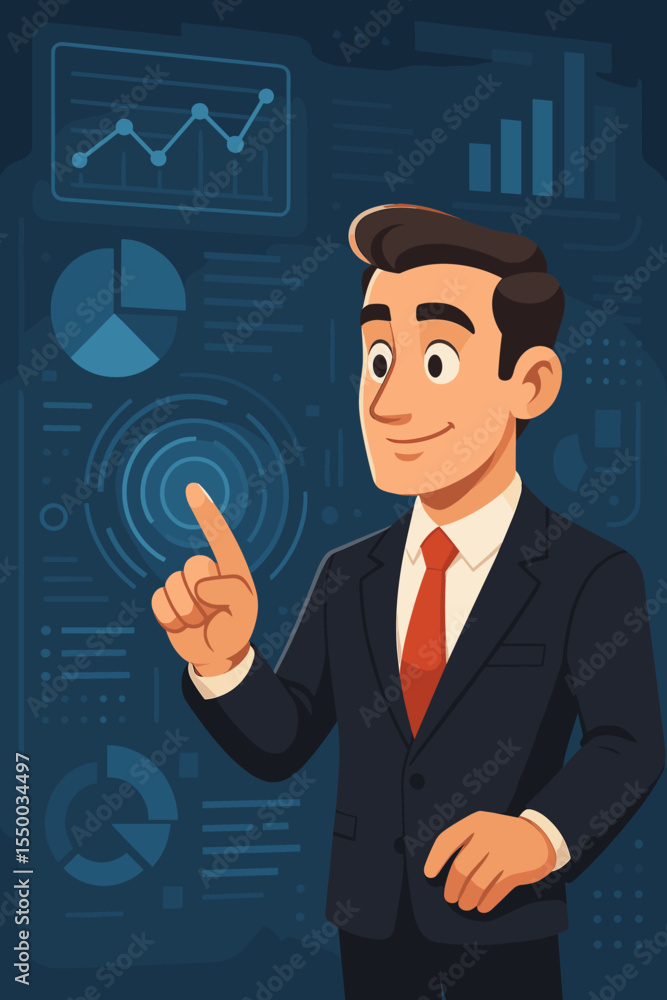 Businessman in suit interacting with futuristic digital data interface, virtual touch screen, charts, graphs, analytics, technology innovation concept, vector cartoon illustration, no text Businessman in suit interacting with futuristic digital data interface, virtual touch screen, charts, graphs, analytics, technology innovation concept, vector cartoon illustration, no text