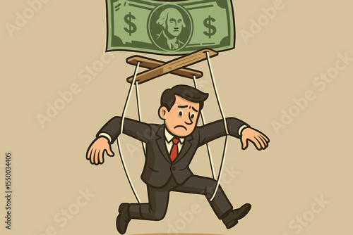 Businessman as marionette puppet controlled by money, concept of financial manipulation, corruption, bribery, greed, capitalism, corporate control, unethical business, power and influence vector