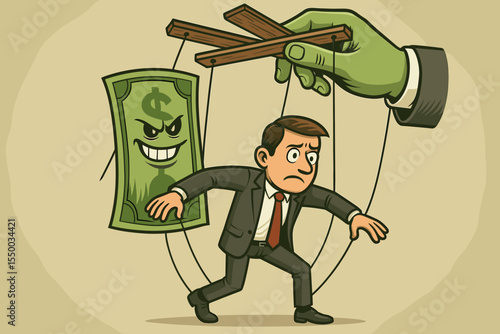 Manipulated businessman as marionette puppet controlled by sinister money. Greed, corruption, bribery, financial manipulation, capitalism metaphor. Vector cartoon, power control in business concept