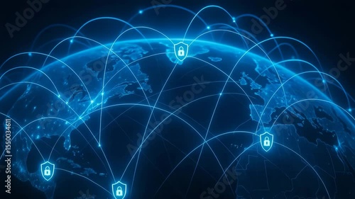 A digital illustration depicting global connectivity and cybersecurity, showcasing a network of secure connections across the globe with locks symbolizing data protection.