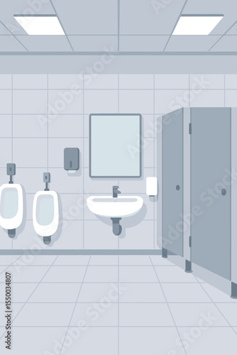Modern public men’s restroom interior, clean empty bathroom with urinals, washbasin, mirror, toilet stalls, tiled walls and floor, minimalistic hygiene design, vector cartoon illustration